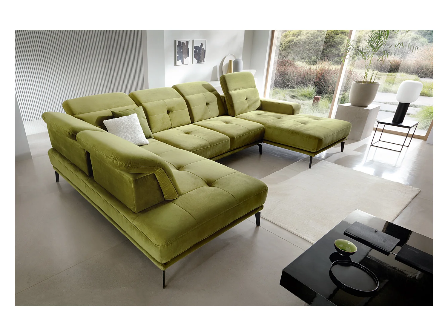 Canapé panoramique moderne velours vert foncé têtières angle gauche Versus 350cm