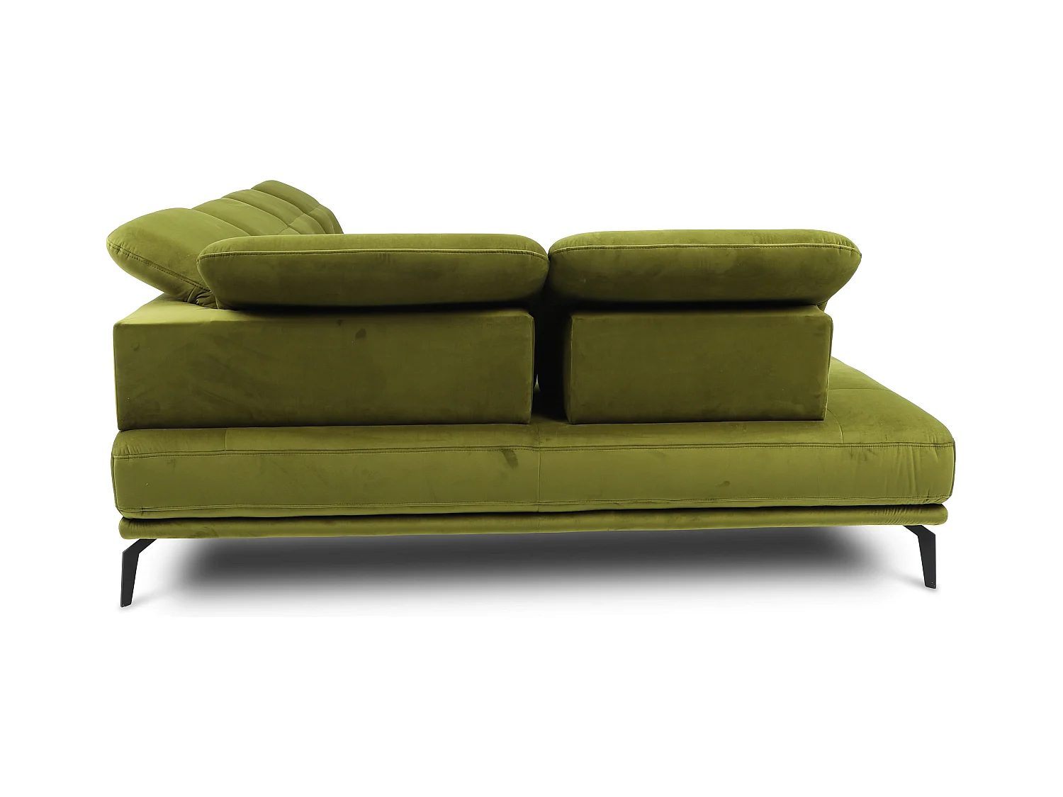 Canapé panoramique moderne velours vert foncé têtières angle gauche Versus 350cm