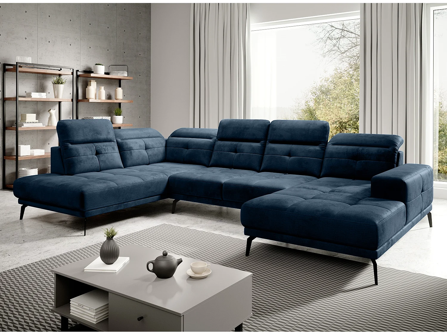 Canapé panoramique moderne tissu bleu foncé têtières angle gauche Versus 350cm