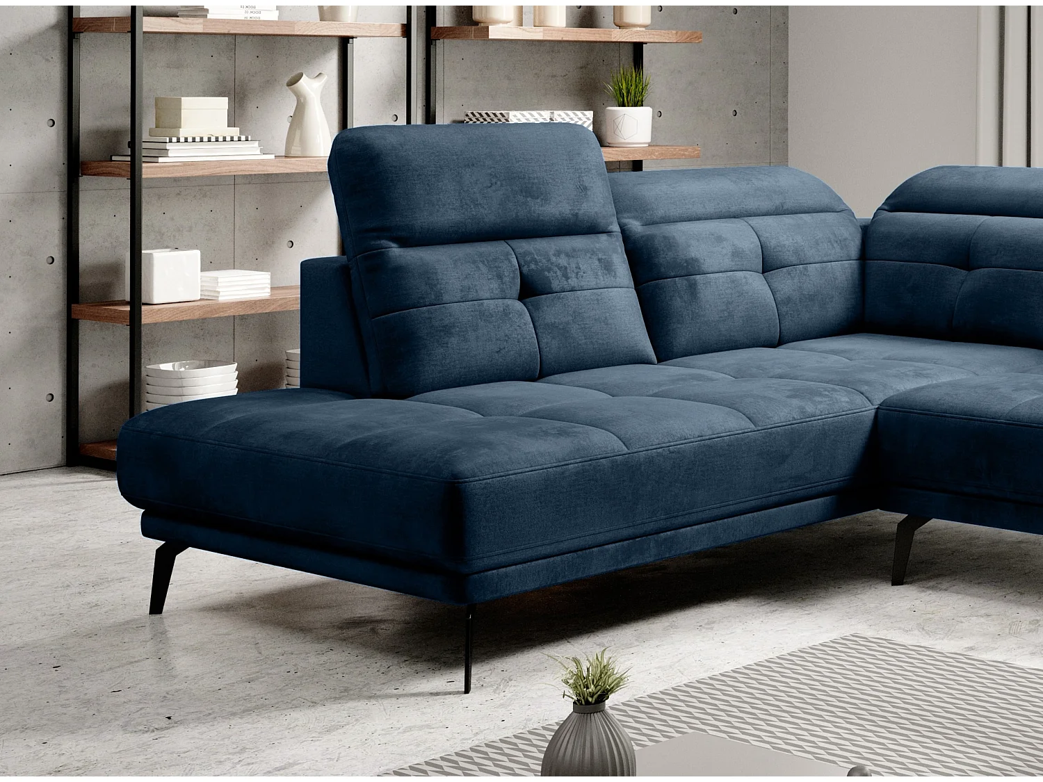 Canapé panoramique moderne tissu bleu foncé têtières angle gauche Versus 350cm