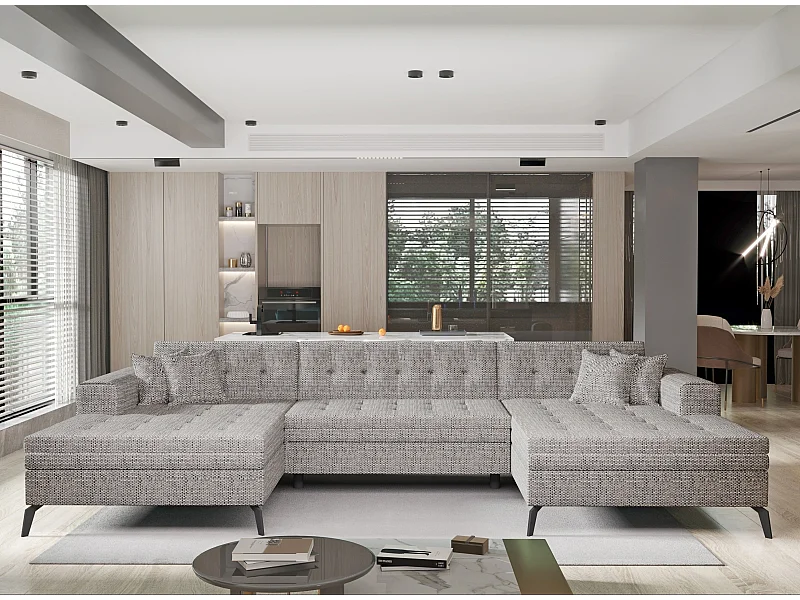 Canapé panoramique convertible tissu capitonné beige foncé chiné Romy 350cm