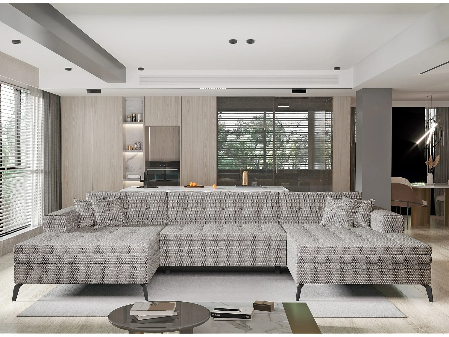 Canapé panoramique convertible tissu capitonné beige foncé chiné Romy 350cm