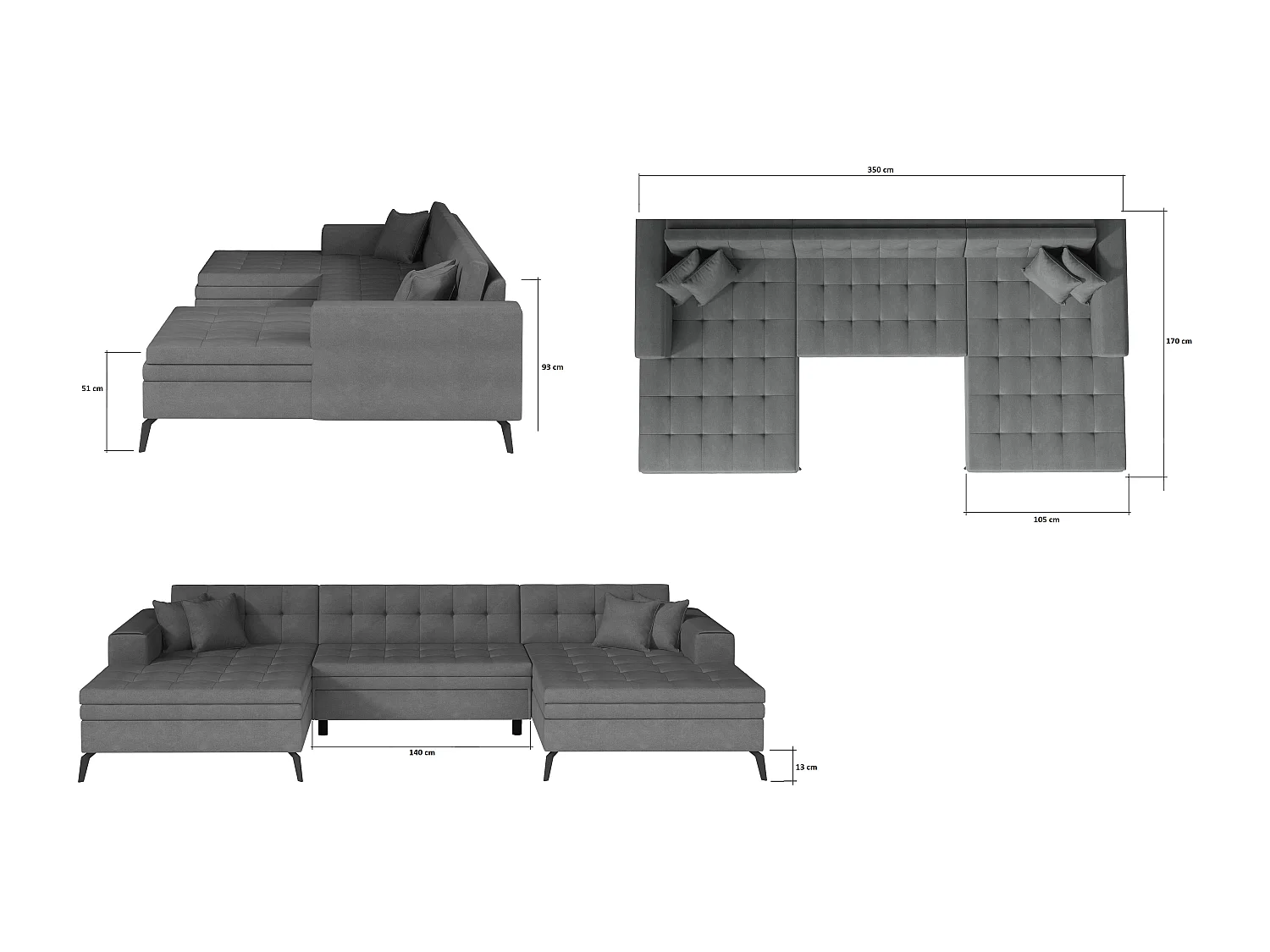 Canapé panoramique convertible tissu capitonné beige foncé chiné Romy 350cm