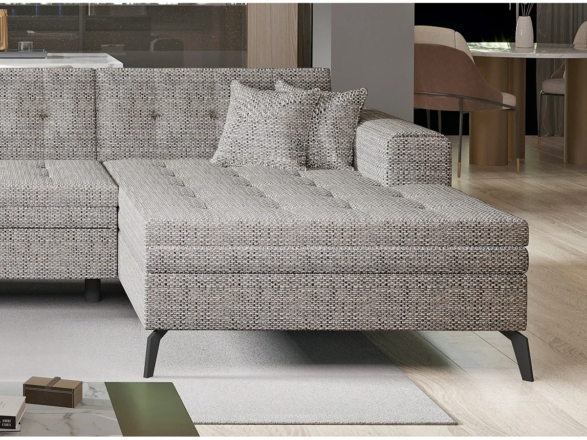 Canapé d'angle panoramique convertible 5 places en tissu capitonné beige ROMY