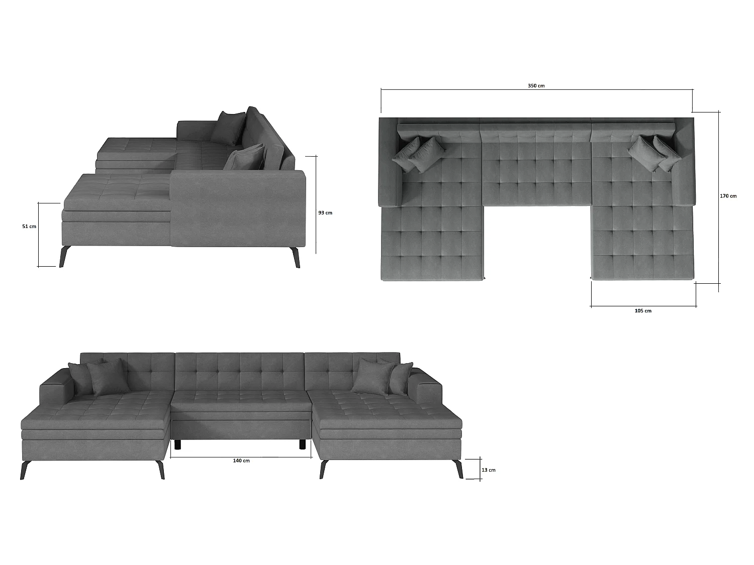 Canapé d'angle panoramique convertible 5 places en tissu capitonné beige ROMY