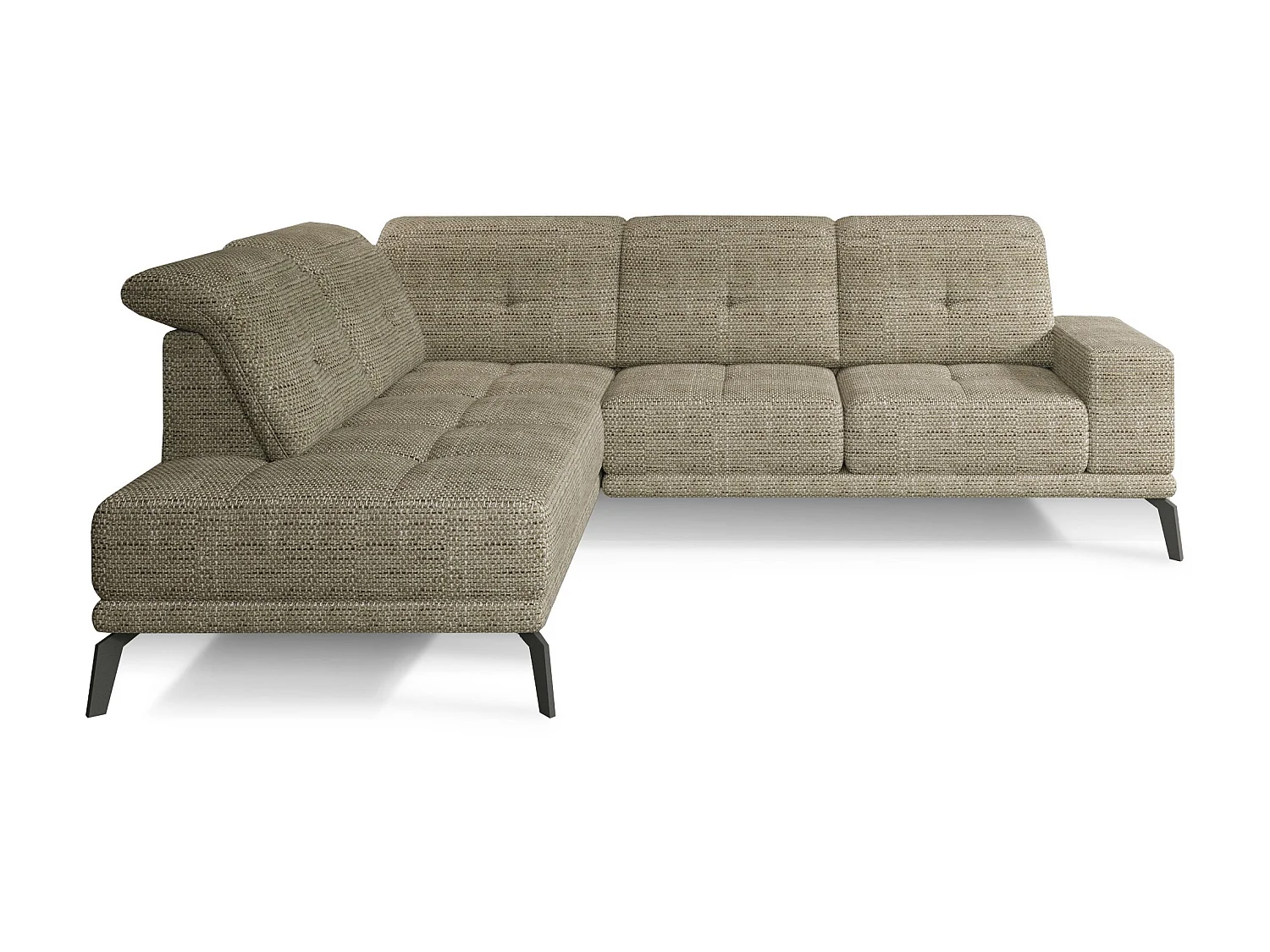 Canapé d'angle gauche design matelassé tissu beige chiné et pied noir Kazane 275cm