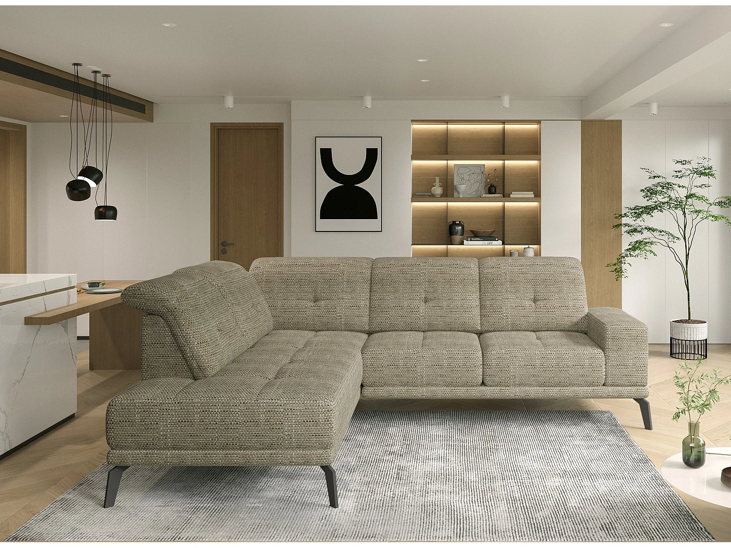 Canapé d'angle gauche design matelassé tissu beige chiné et pied noir Kazane 275cm