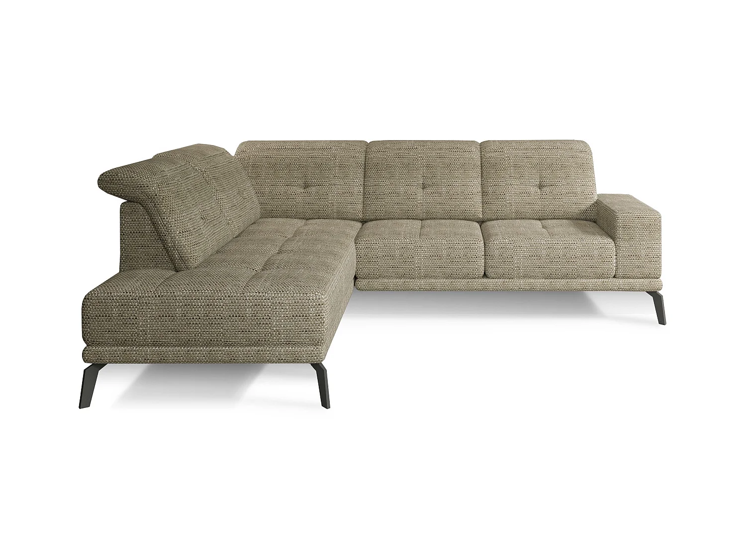 Canapé d'angle gauche design matelassé tissu beige chiné et pied noir Kazane 275cm