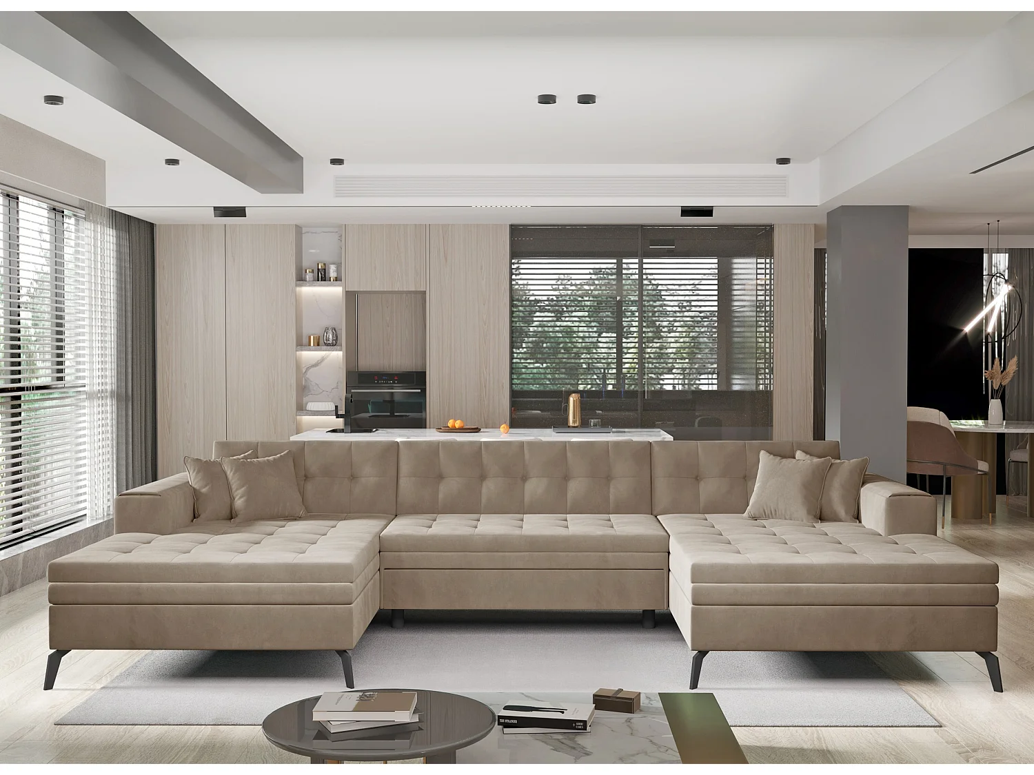 Canapé panoramique convertible tissu doux brillant capitonné beige Romy 350cm