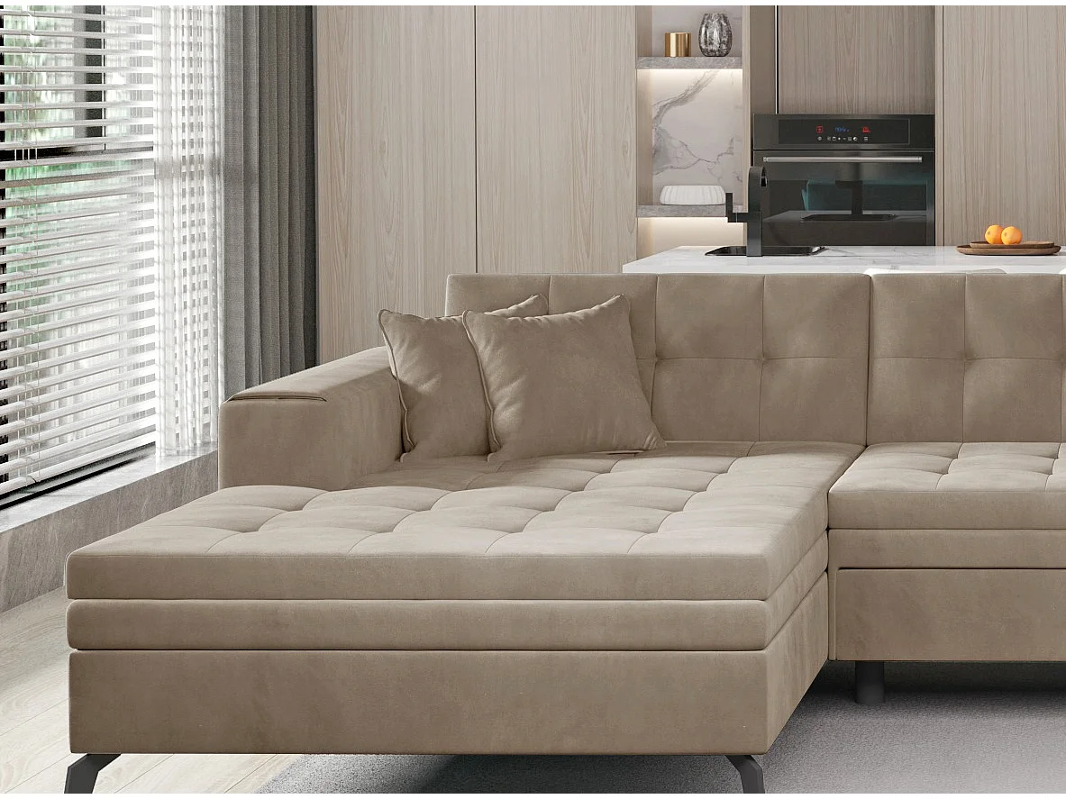 Canapé panoramique convertible tissu doux brillant capitonné beige Romy 350cm