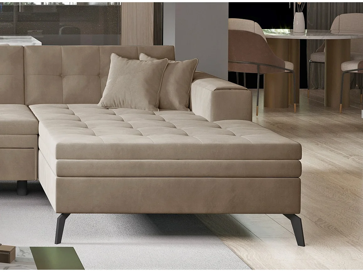 Canapé d'angle panoramique convertible 5 places en tissu capitonné beige ROMY
