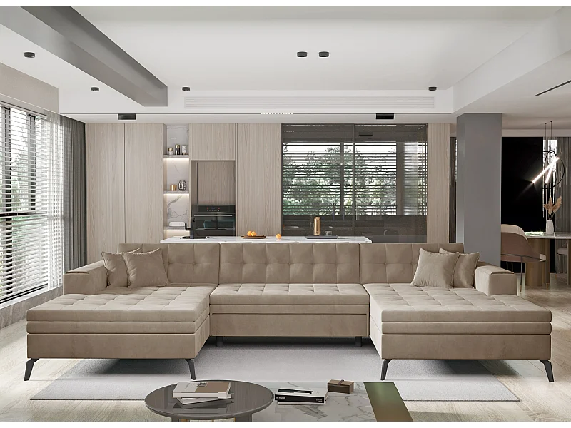 Canapé panoramique convertible tissu doux brillant capitonné beige Romy 350cm