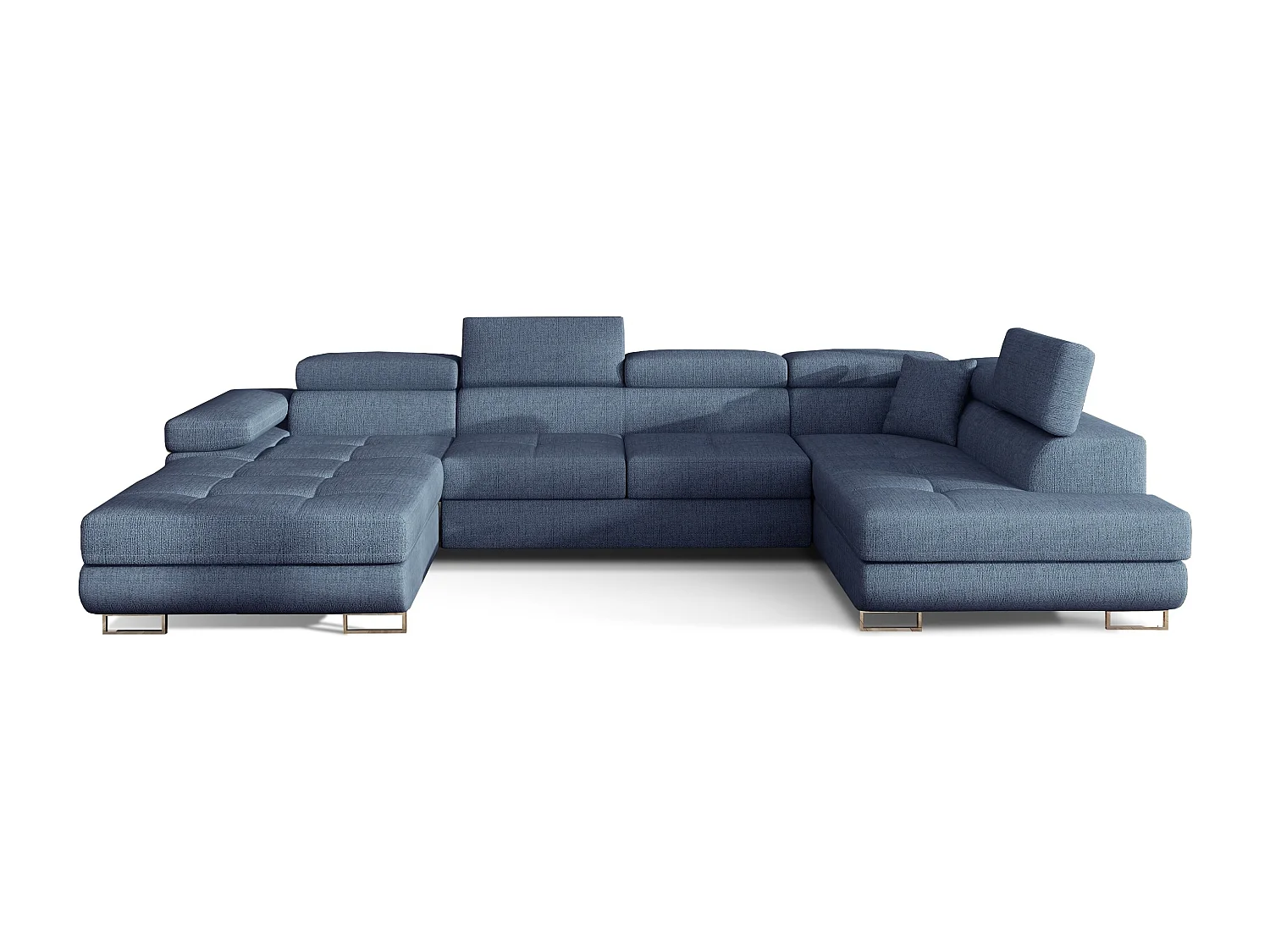 Canapé panoramique tissu bleu jean convertible avec coffre de rangement Romano 345cm-Coffre de rangement à droite