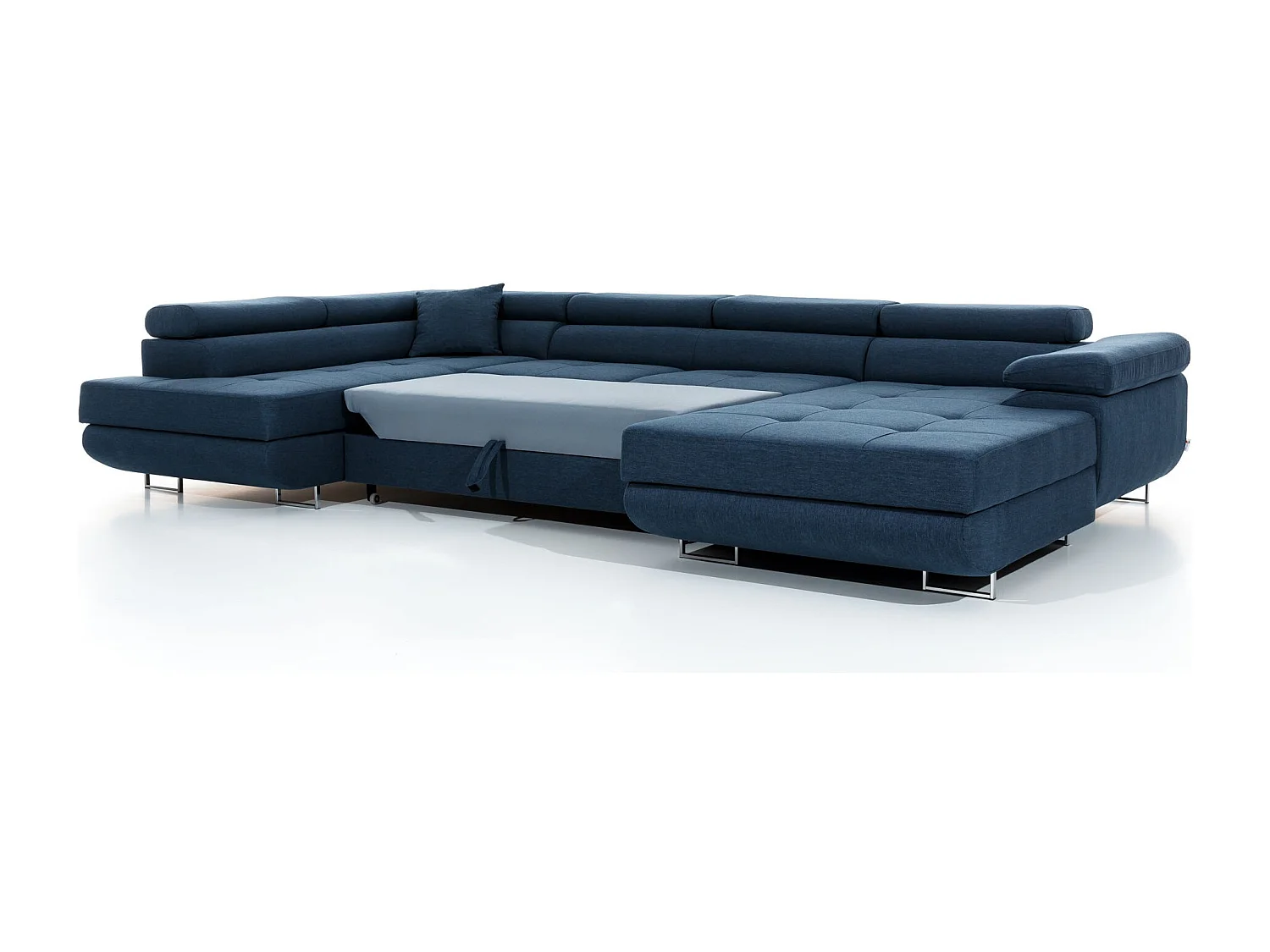 Canapé panoramique tissu bleu jean convertible avec coffre de rangement Romano 345cm-Coffre de rangement à droite