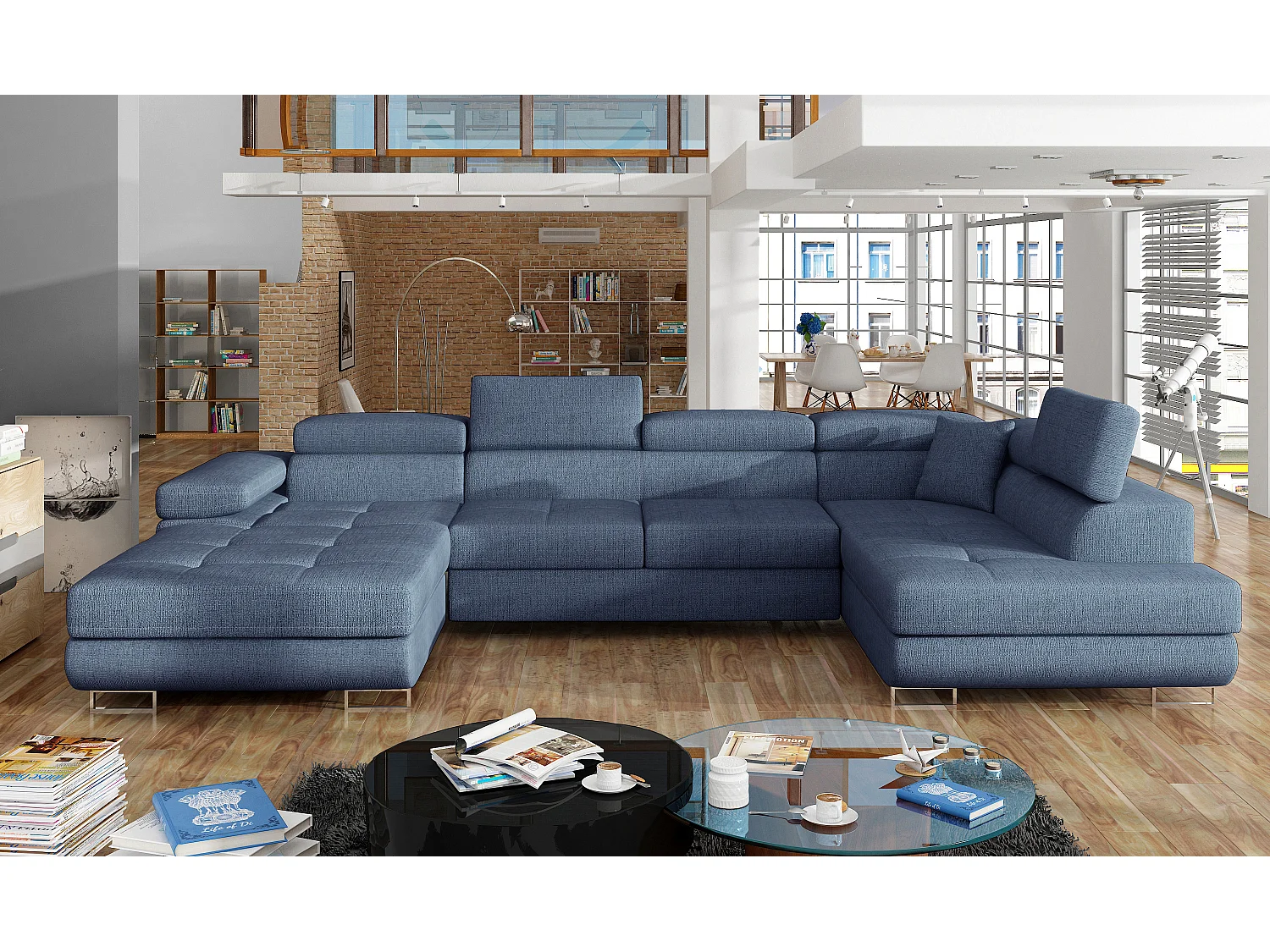Canapé panoramique tissu bleu jean convertible avec coffre de rangement Romano 345cm-Coffre de rangement à droite