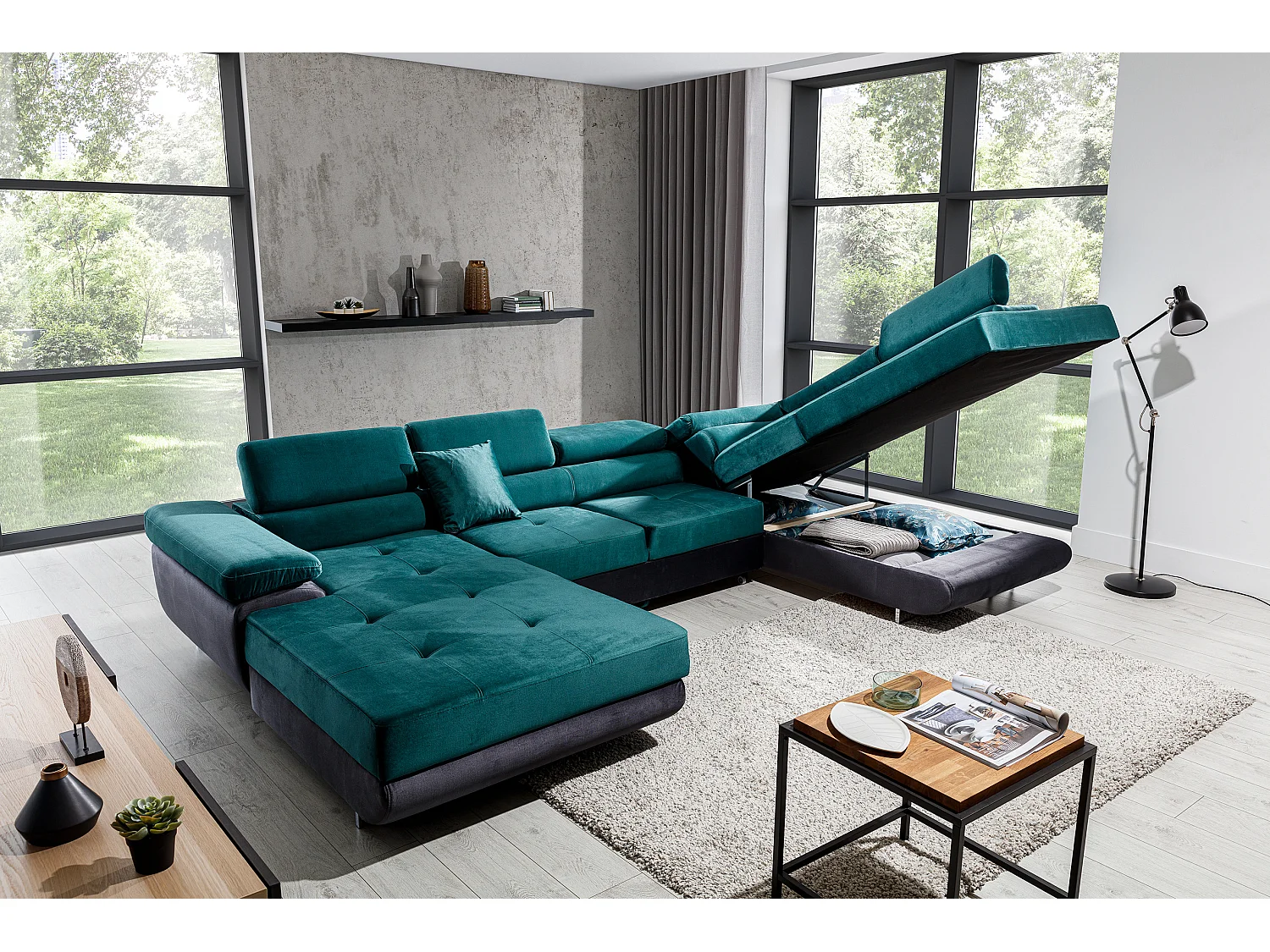 Canapé panoramique tissu bleu jean convertible avec coffre de rangement Romano 345cm-Coffre de rangement à droite