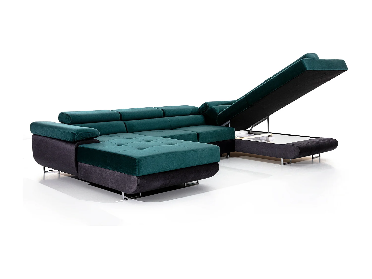 Canapé panoramique tissu bleu jean convertible avec coffre de rangement Romano 345cm-Coffre de rangement à droite