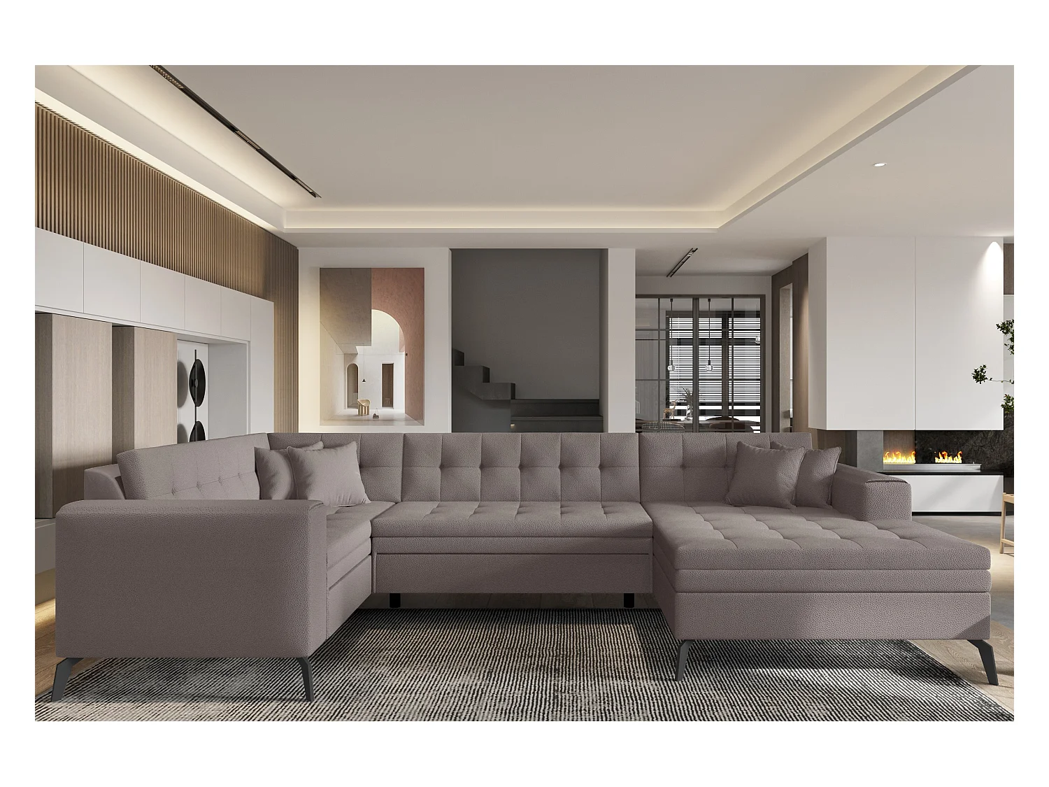 Canapé panoramique convertible droit tissu marron clair matelassé Bonty 340cm