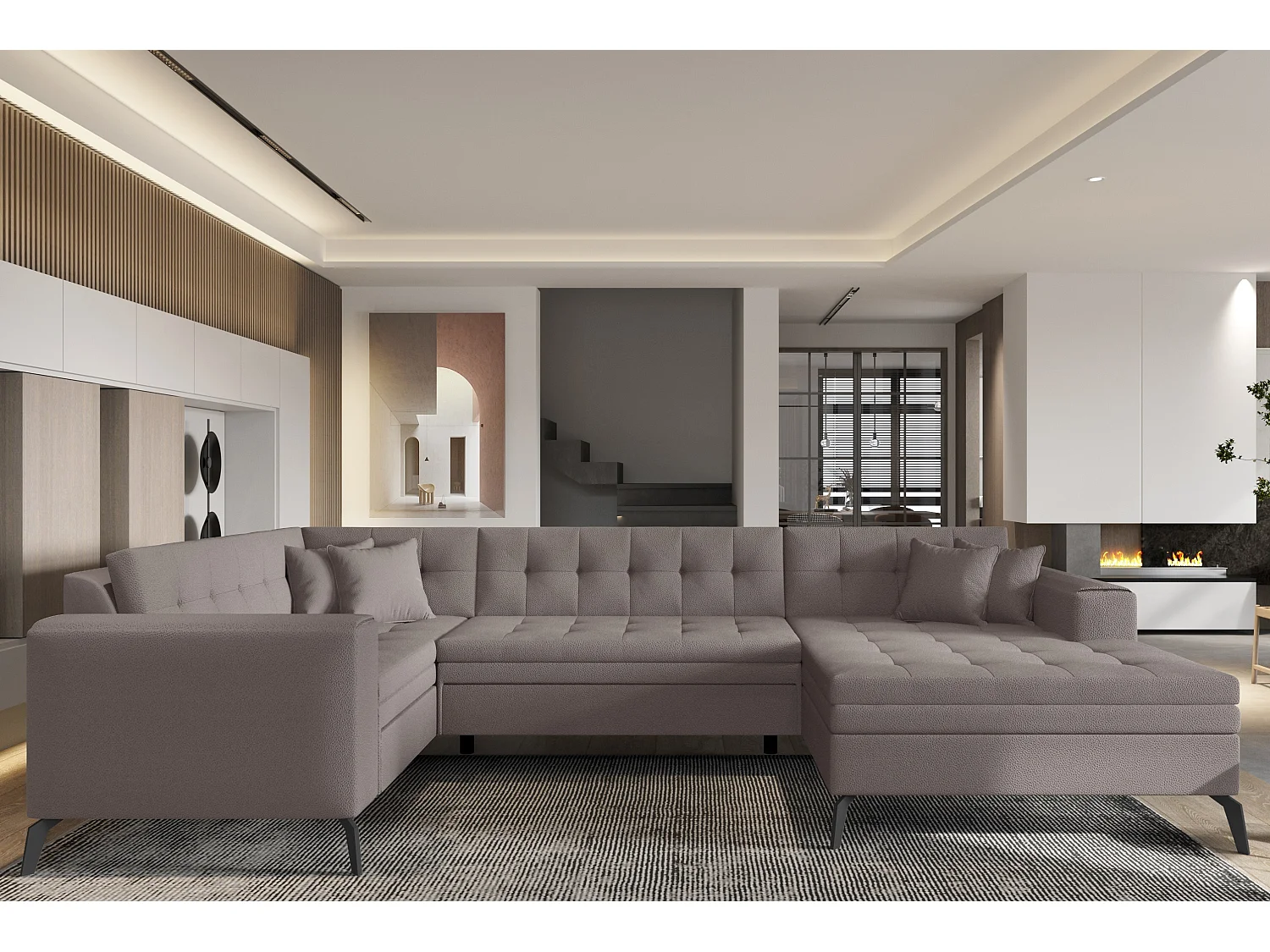 Canapé panoramique convertible droit tissu marron clair matelassé Bonty 340cm