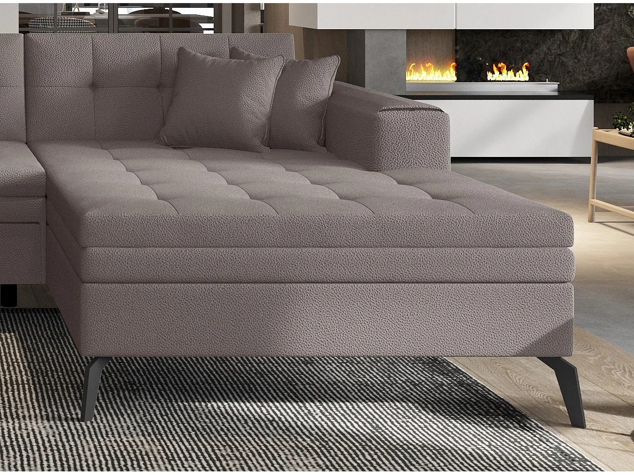 Canapé d'angle panoramique convertible 5 places en tissu matelasse marron