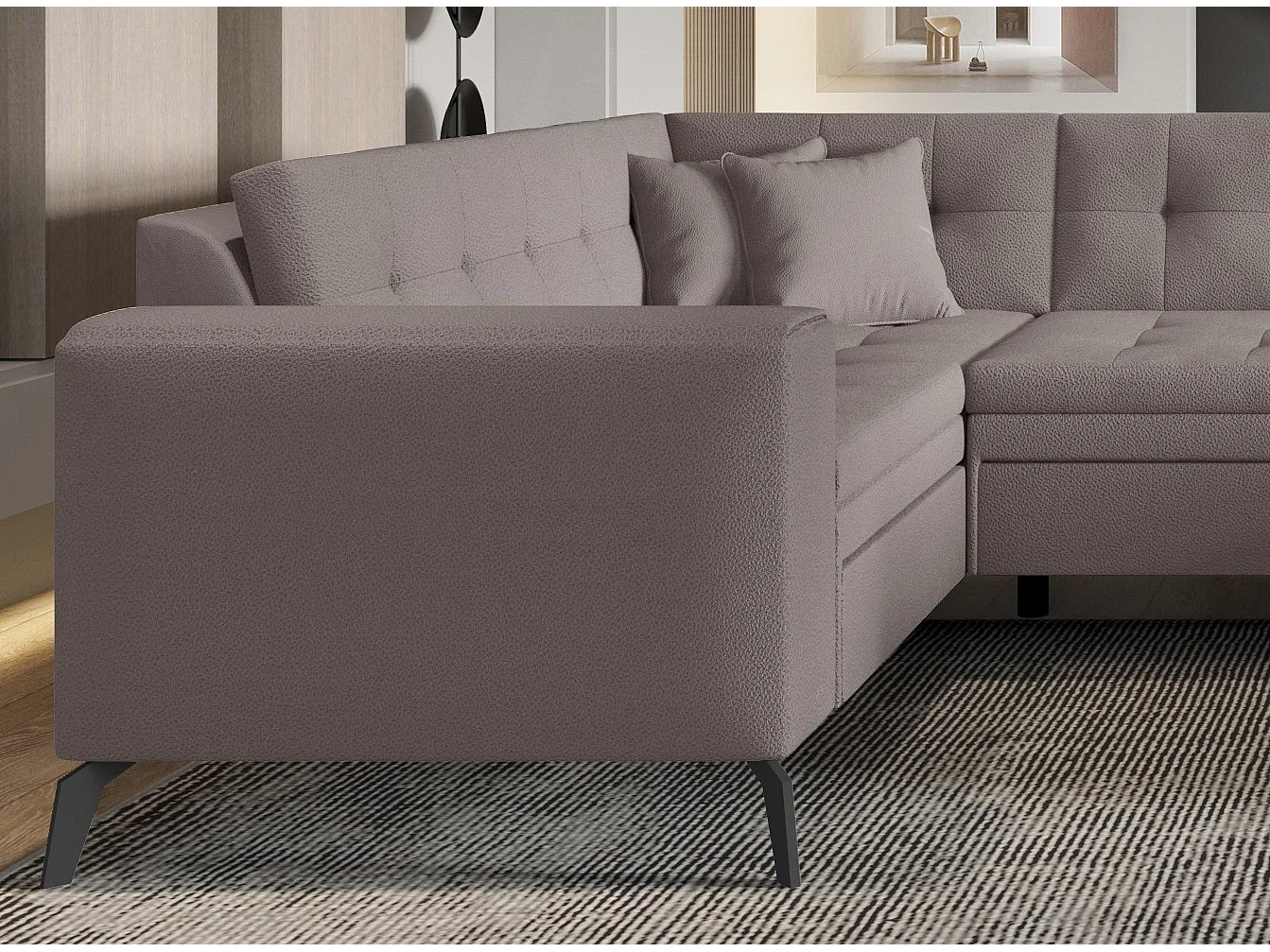 Canapé d'angle panoramique convertible 5 places en tissu matelasse marron
