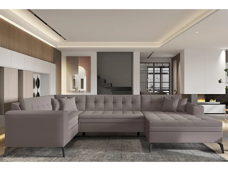 Canapé panoramique convertible droit tissu marron clair matelassé Bonty 340cm