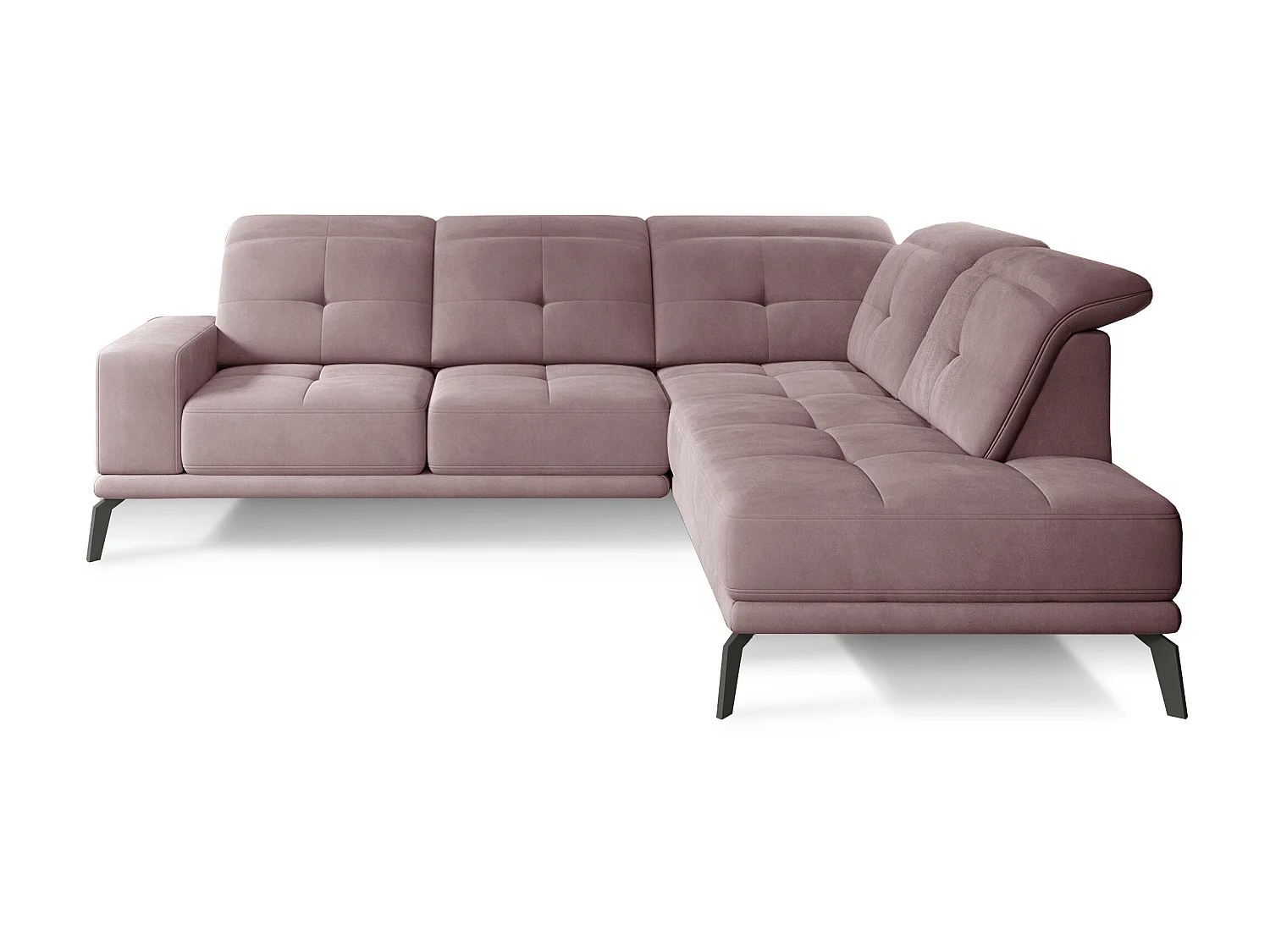 Canapé d'angle droit design matelassé velours rose et pied noir Kazane 275cm