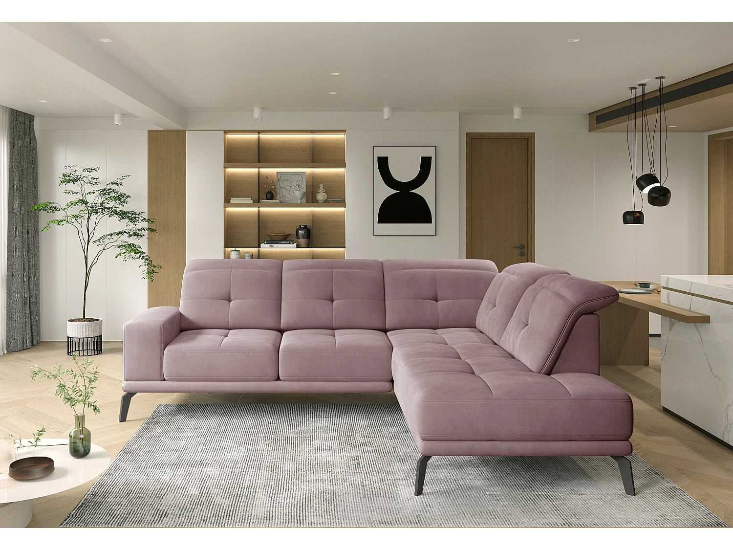 Canapé d'angle droit design matelassé velours rose et pied noir Kazane 275cm