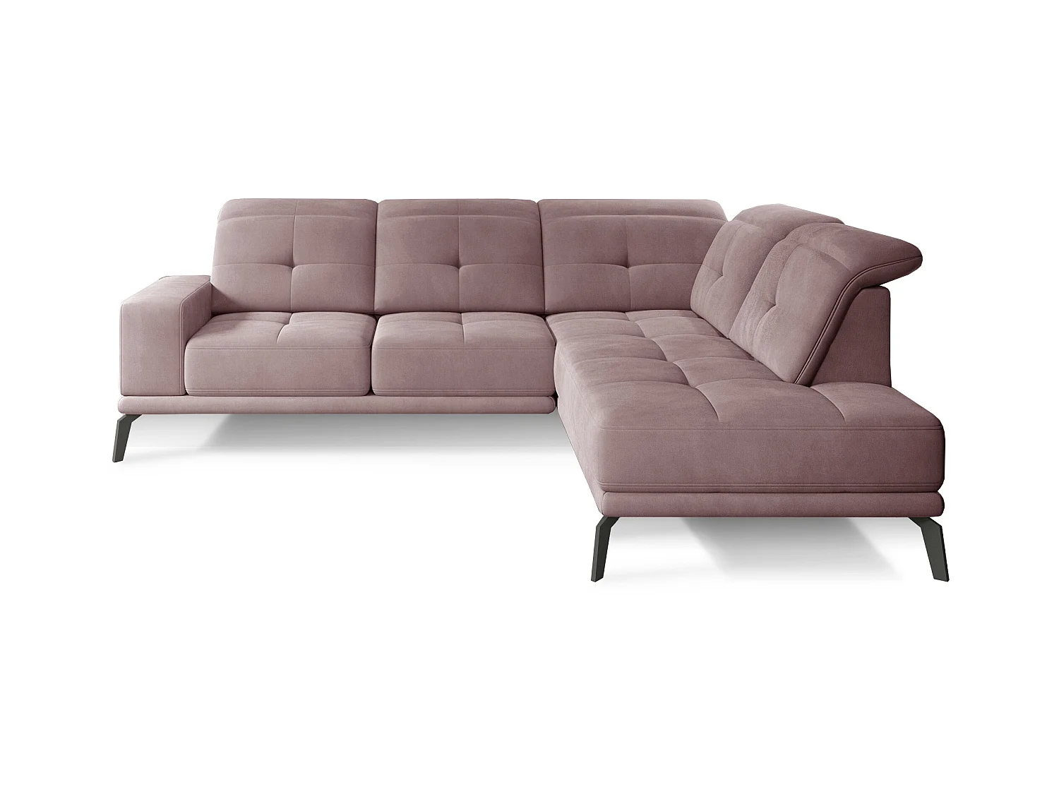 Canapé d'angle droit design matelassé velours rose et pied noir Kazane 275cm