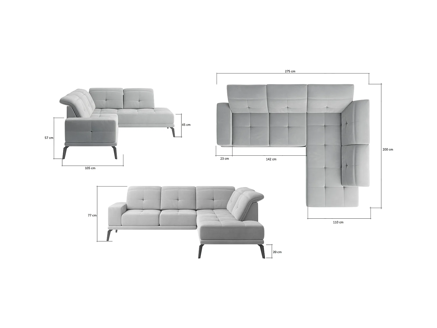 Canapé d'angle droit design matelassé velours rose et pied noir Kazane 275cm