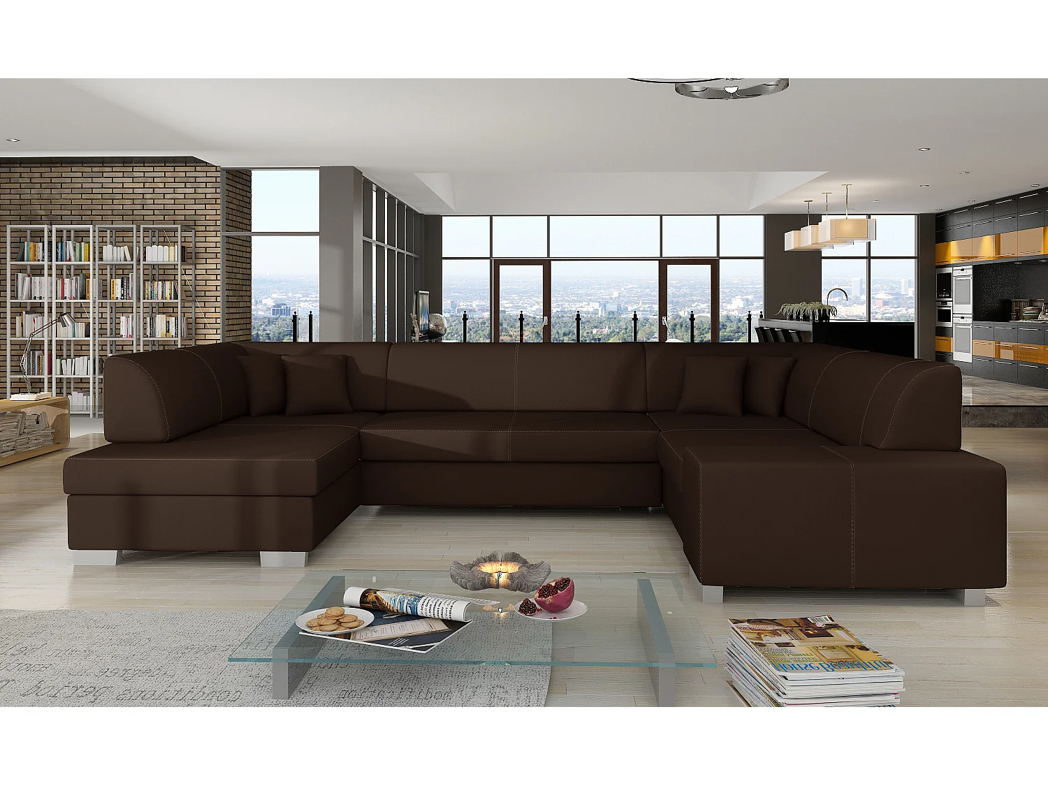 Canapé convertible panoramique simili cuir marron avec coffre de rangement Houston 320cm-Coffre de rangement à gauche