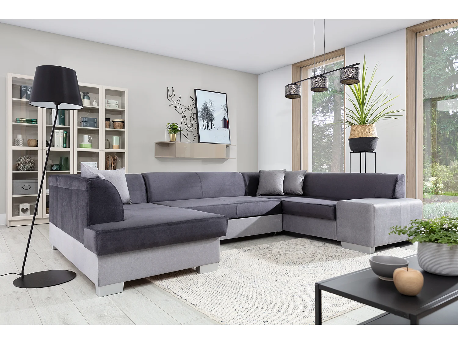 Canapé convertible panoramique simili cuir marron avec coffre de rangement Houston 320cm-Coffre de rangement à gauche