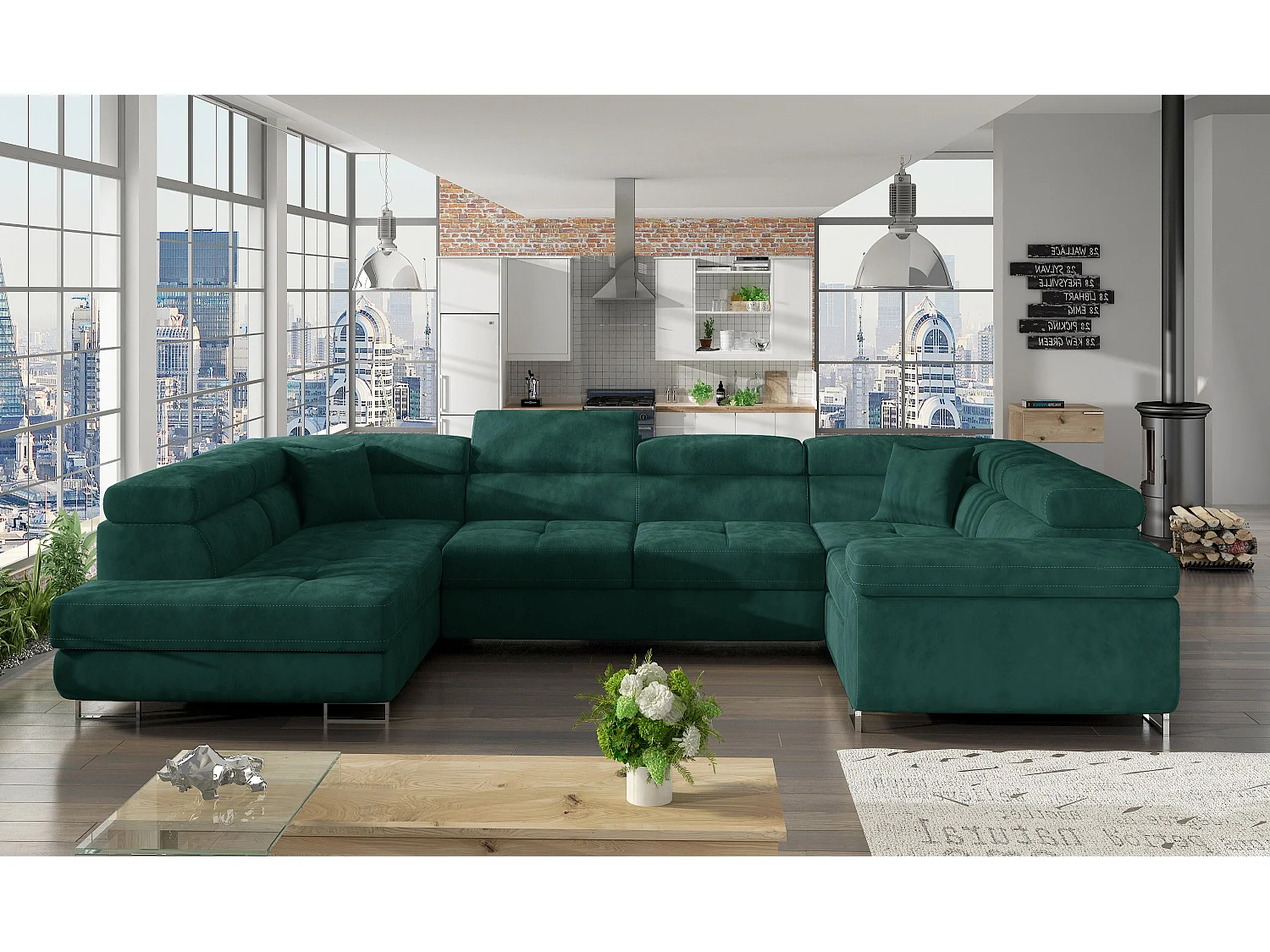 Canapé convertible U droit velours vert gauche avec coffre de rangement Tovy 340cm