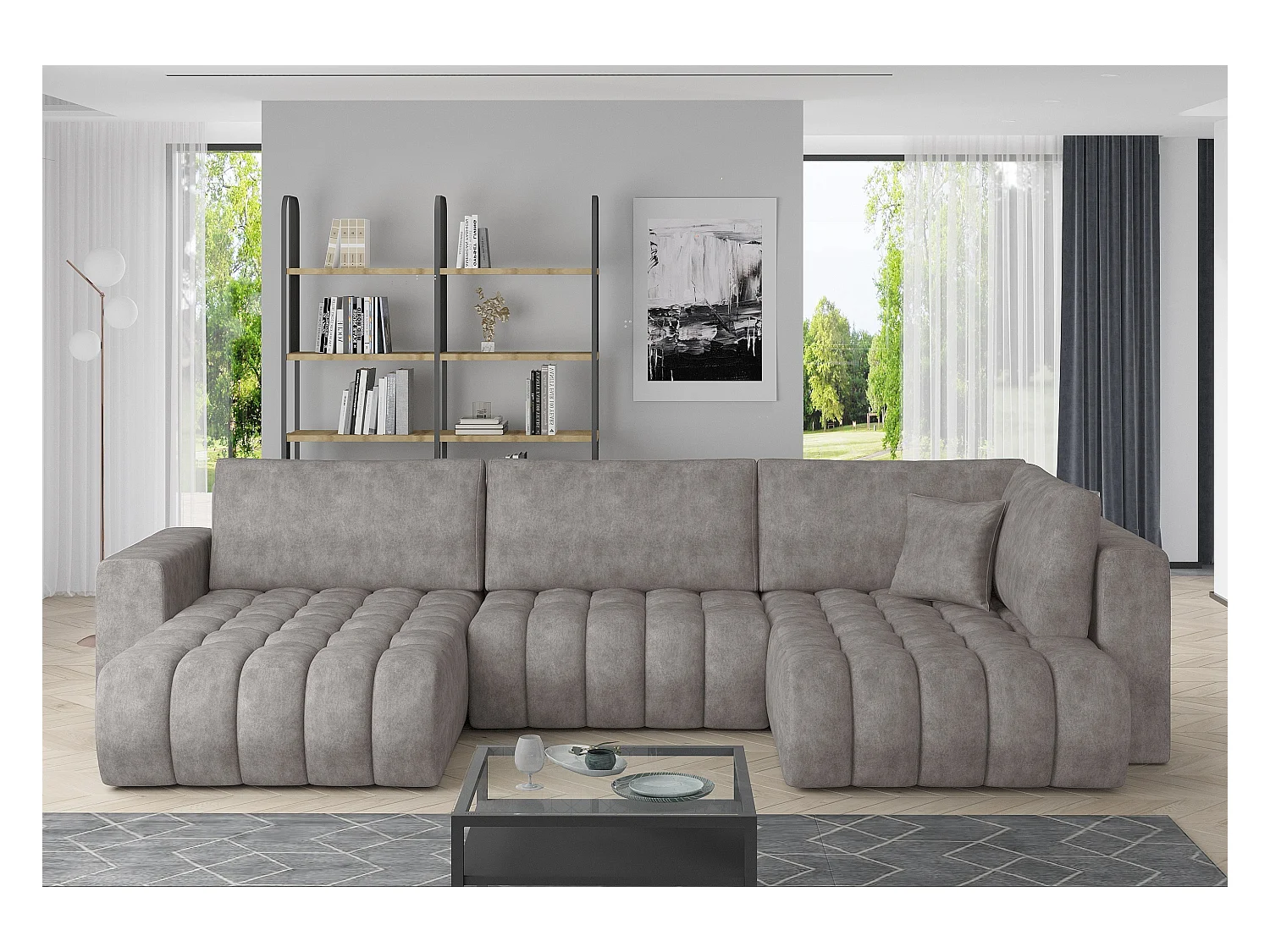 Canapé panoramique convertible design capitonné tissu effet cuir marron clair méridienne gauche Boston 350cm