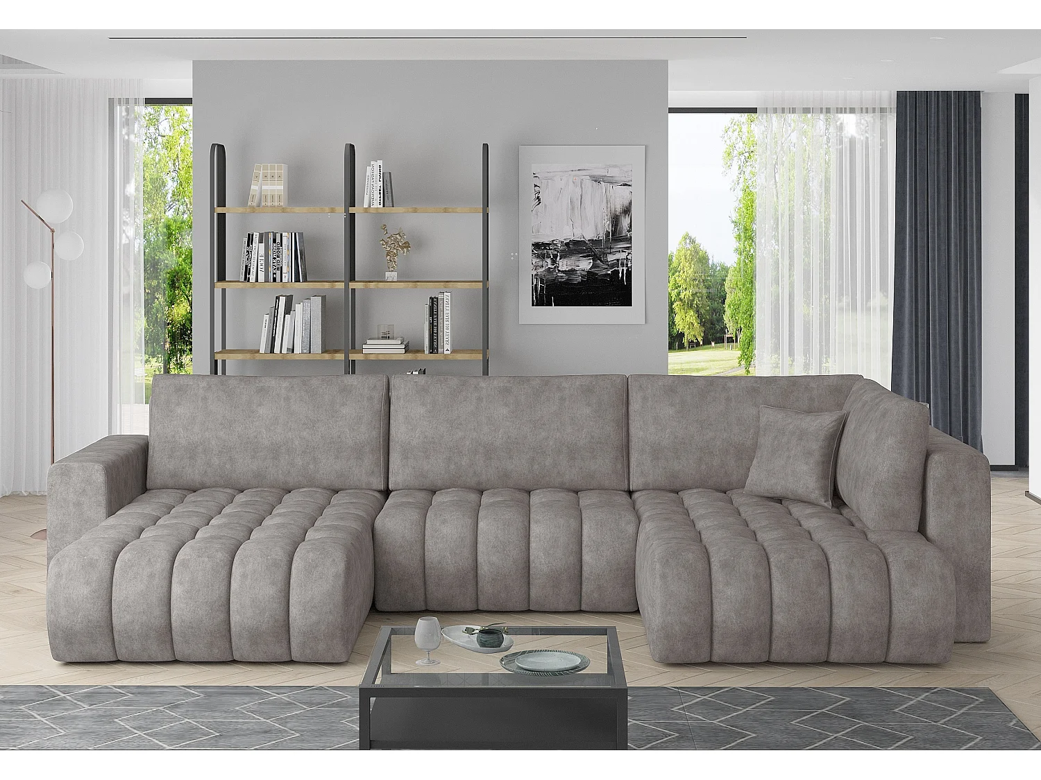 Canapé panoramique convertible design capitonné tissu effet cuir marron clair méridienne gauche Boston 350cm