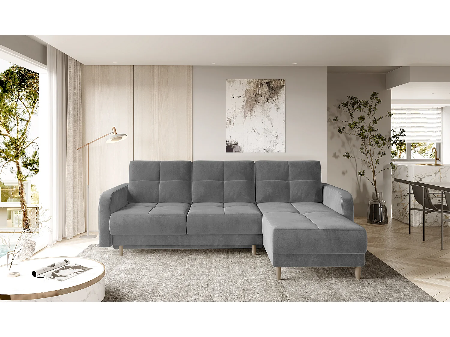 Scandinavische omkeerbare hoekbank in grijs fluweel en lichte houten poten Kindo 240 cm