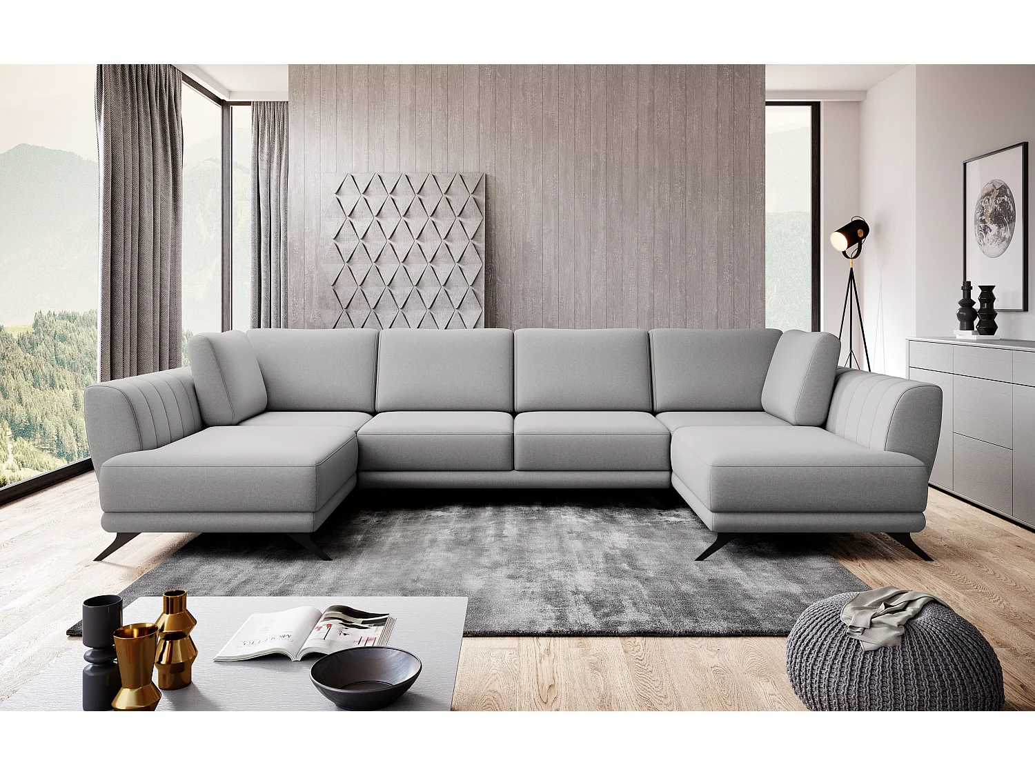 Canapé d'angle panoramique 6 places tissu gris clair Largos 362cm