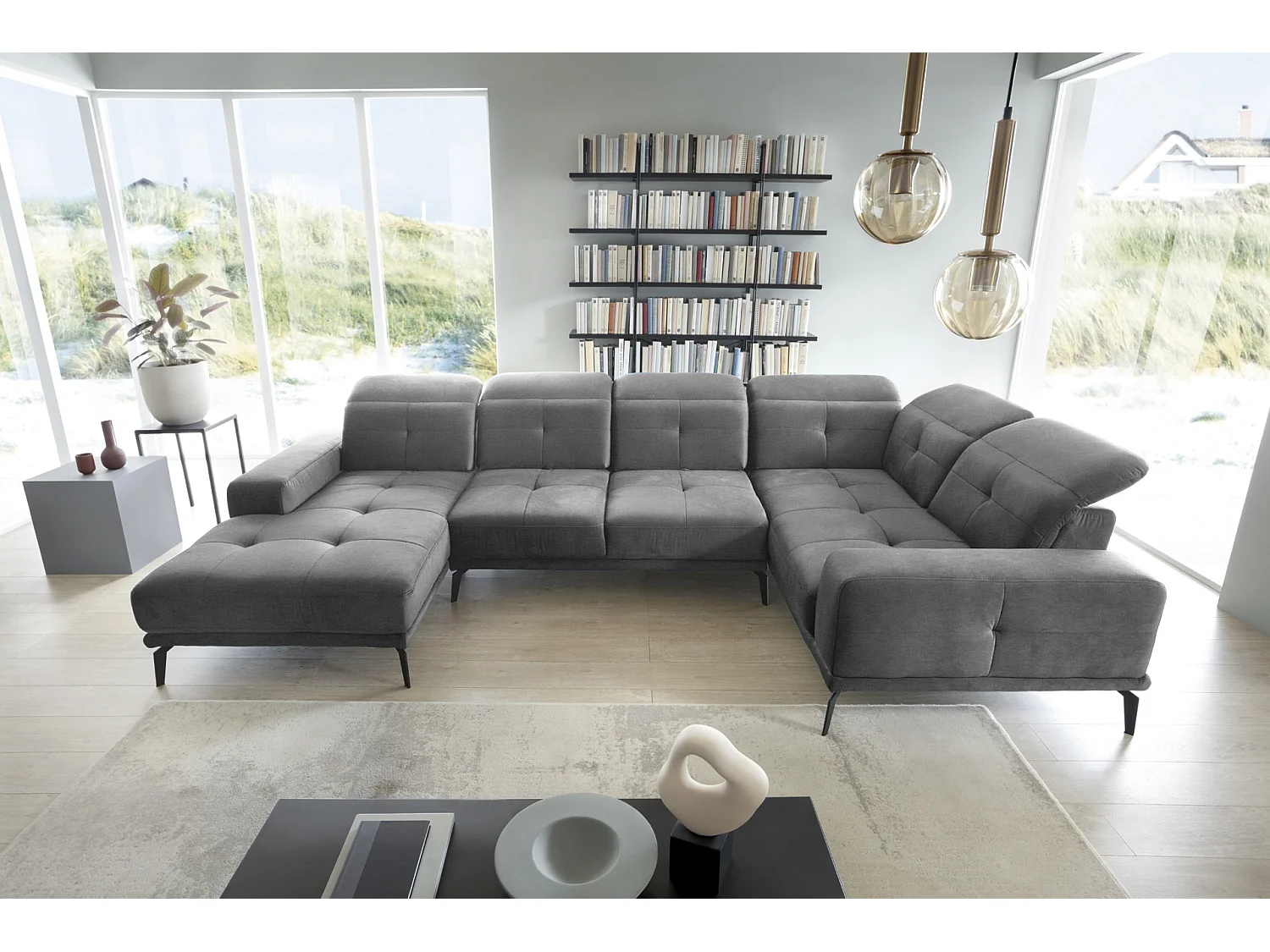 Canapé panoramique design tissu gris têtières angle droit avec accoudoir Stan 350cm