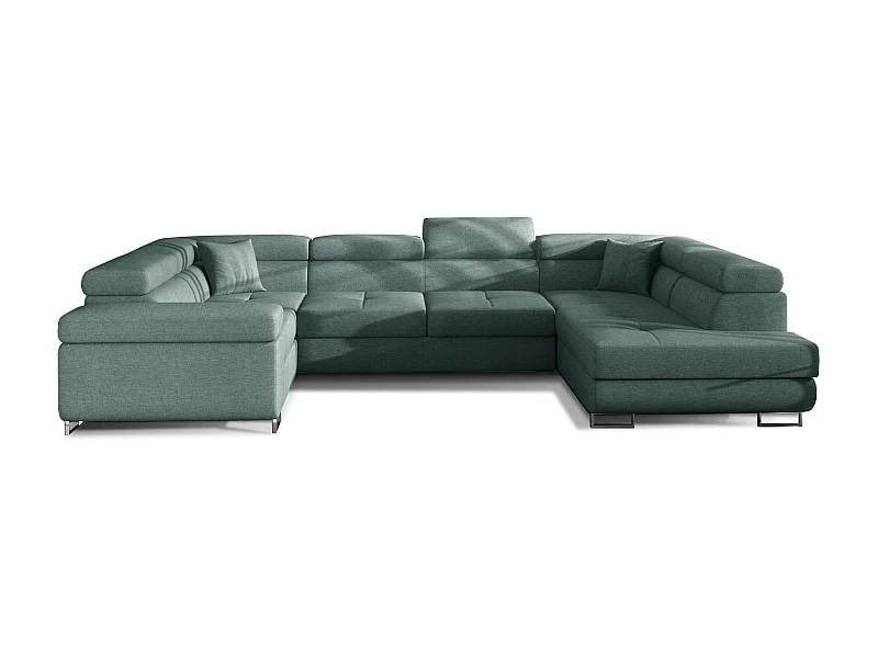 Canapé convertible U droit tissu vert avec coffre de rangement Tovy 340cm