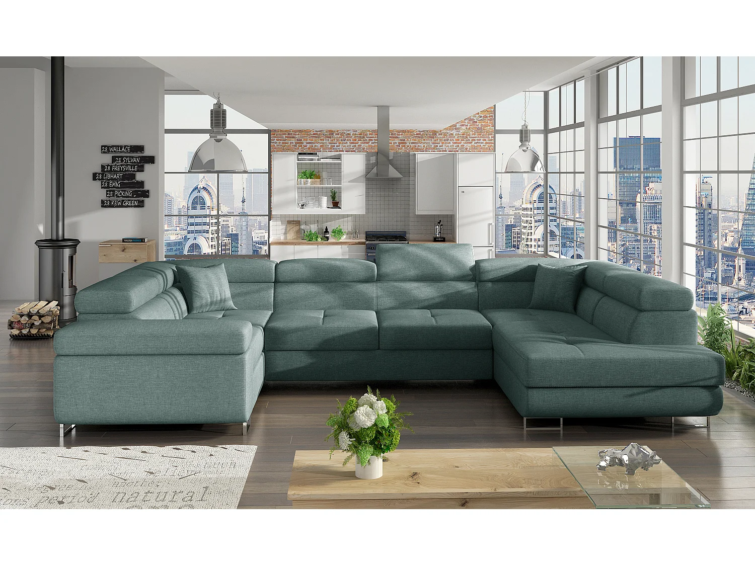 Canapé convertible U droit tissu vert avec coffre de rangement Tovy 340cm