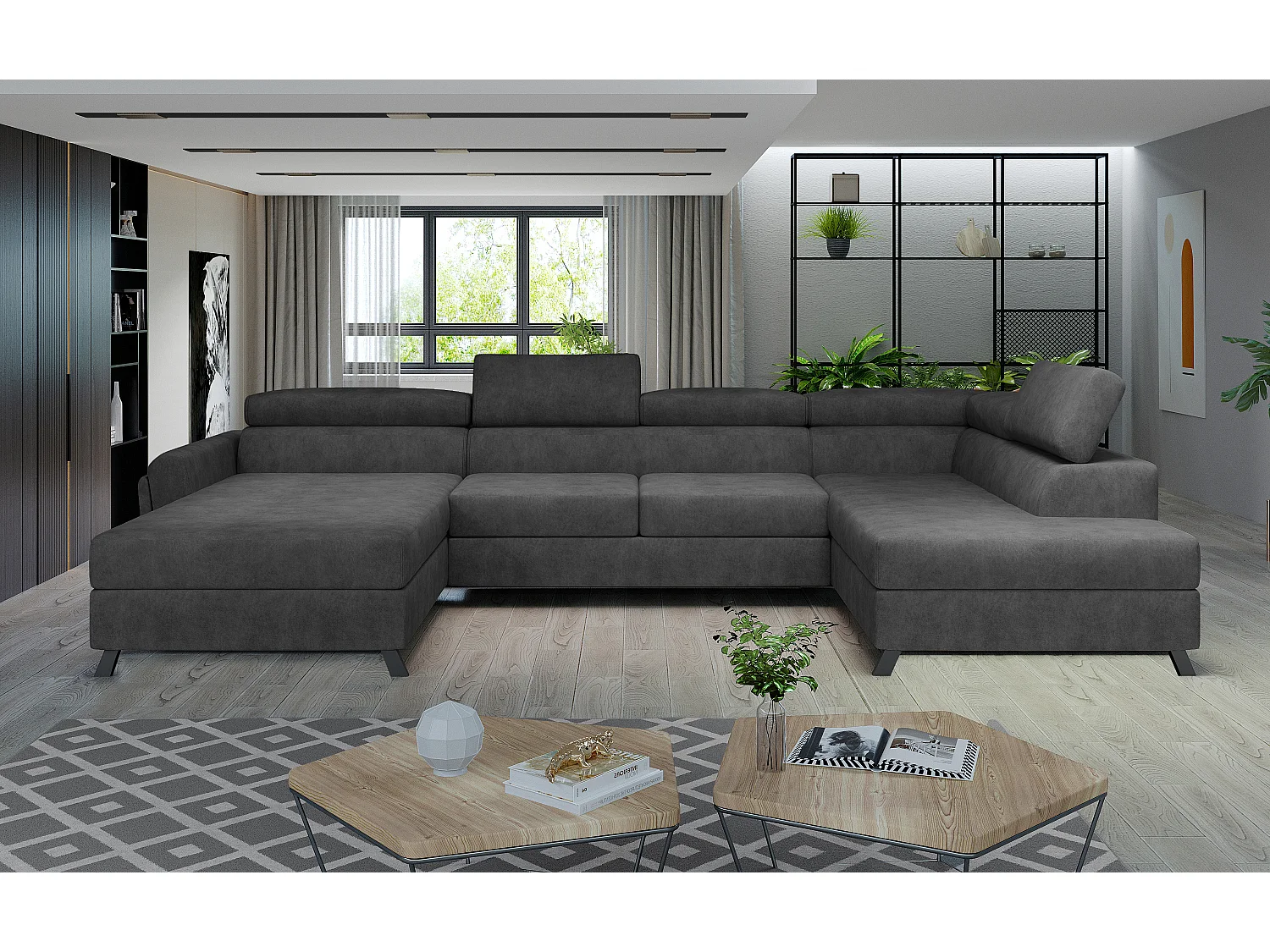 Grand canapé panoramique convertible tissu anthracite avec coffre Konba 370cm-Coffre de rangement à droite