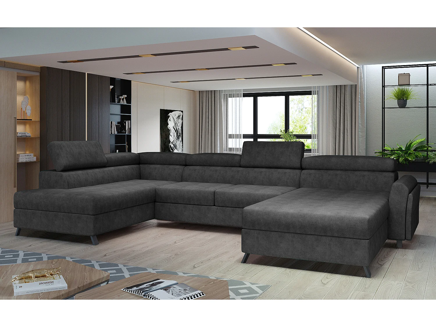 Grand canapé panoramique convertible tissu anthracite avec coffre Konba 370cm-Coffre de rangement à droite