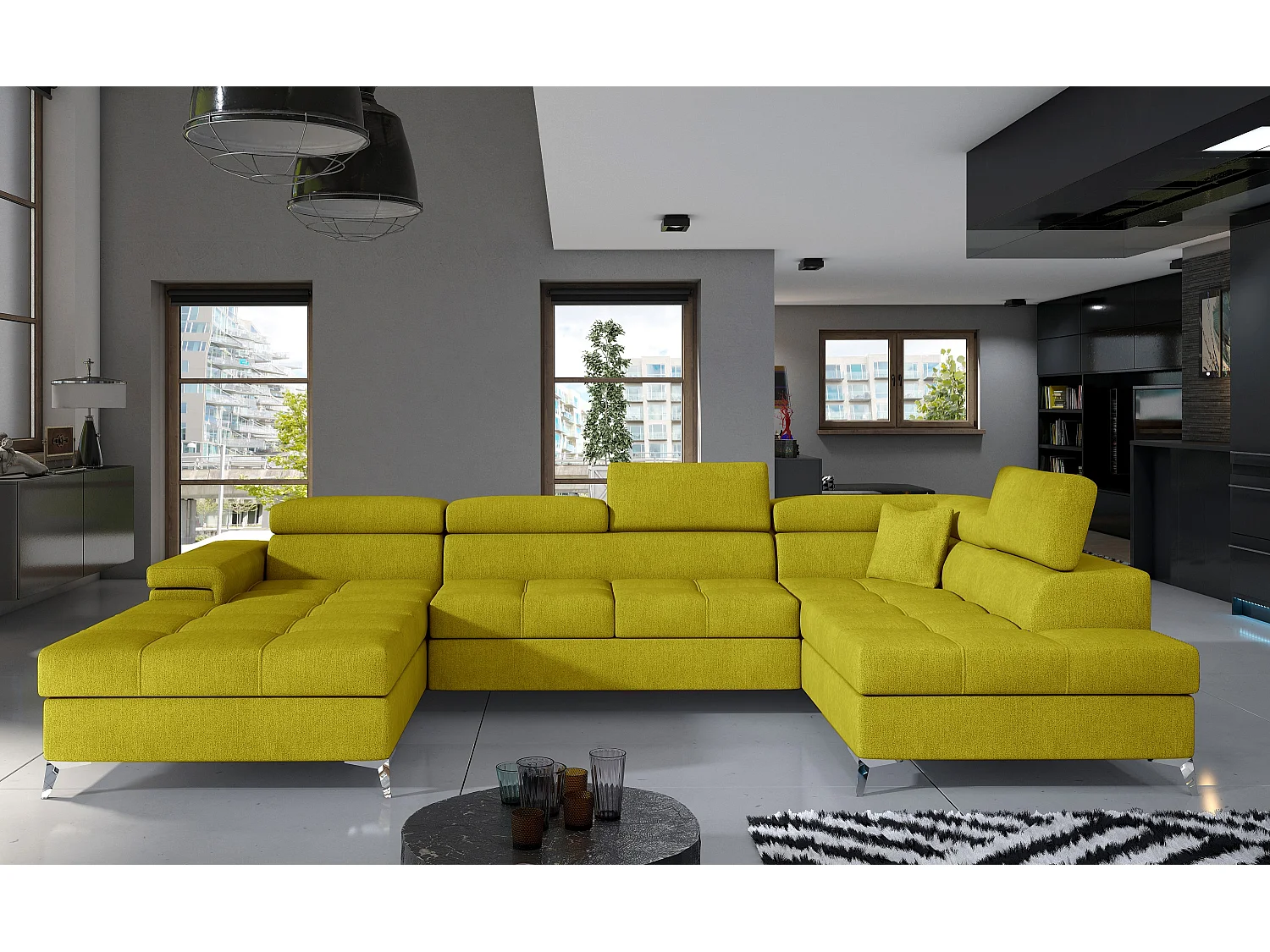 Canapé panoramique tissu jaune coffre de rangement à droite Kutty 345cm