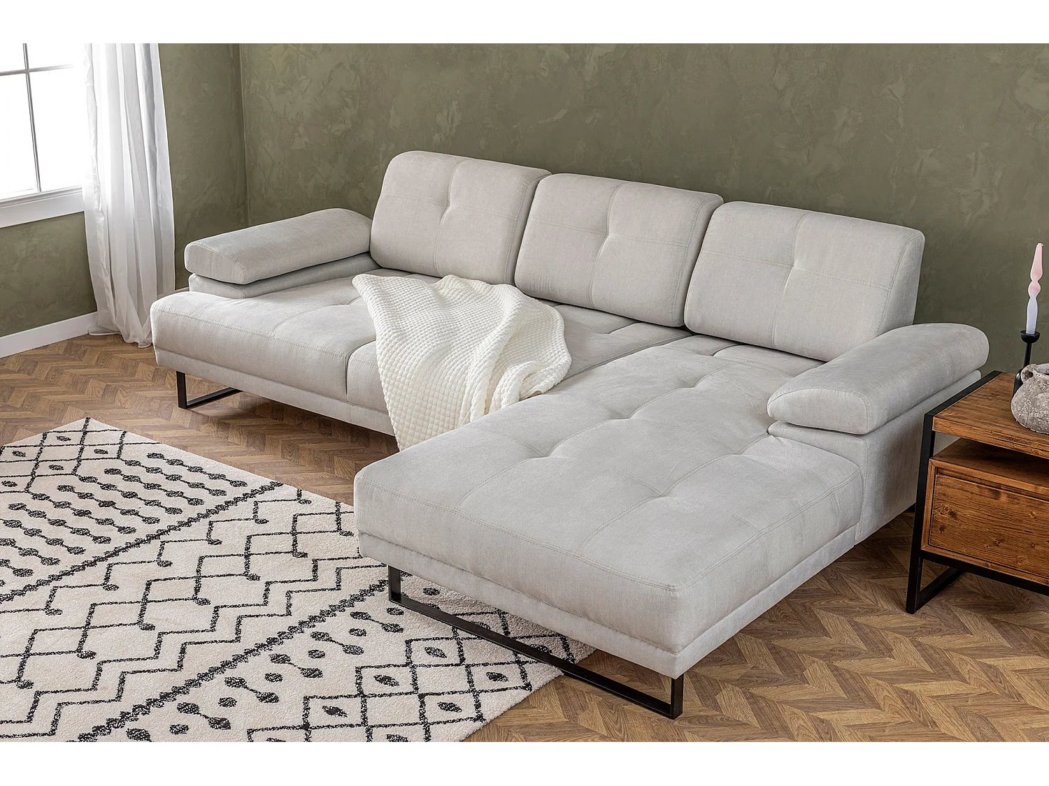 Grand canapé d'angle droit tissu beige clair et métal noir Kustone 314cm