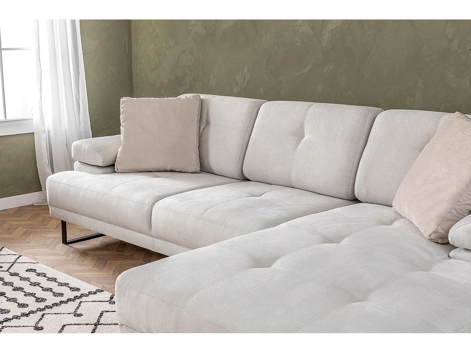 Grand canapé d'angle droit tissu beige clair et métal noir Kustone 314cm