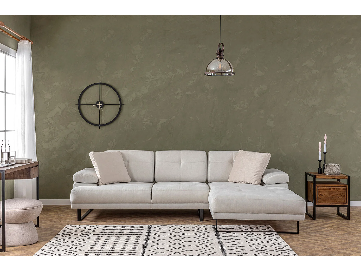 Grand canapé d'angle droit tissu beige clair et métal noir Kustone 314cm