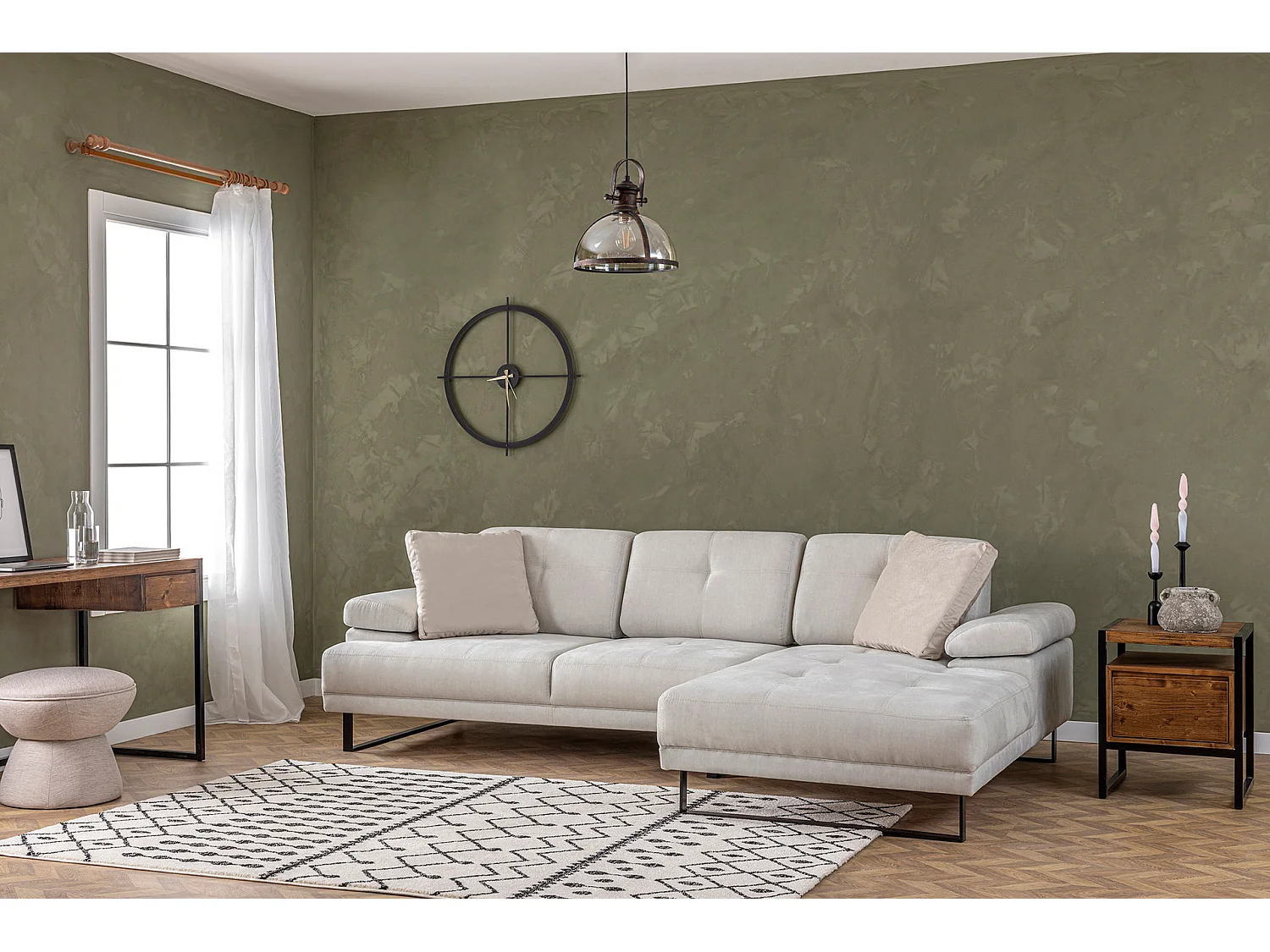 Grand canapé d'angle droit tissu beige clair et métal noir Kustone 314cm