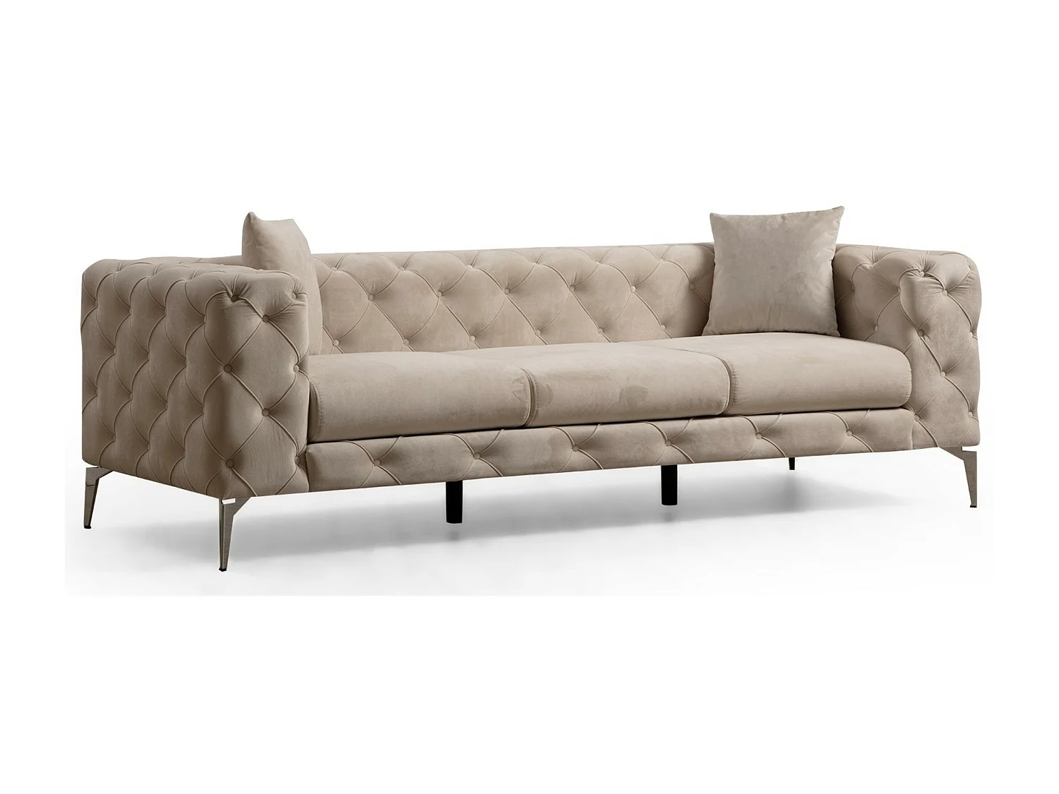 Canapé 2 places capitonné velours beige clair et pieds chromés Herakles 197cm