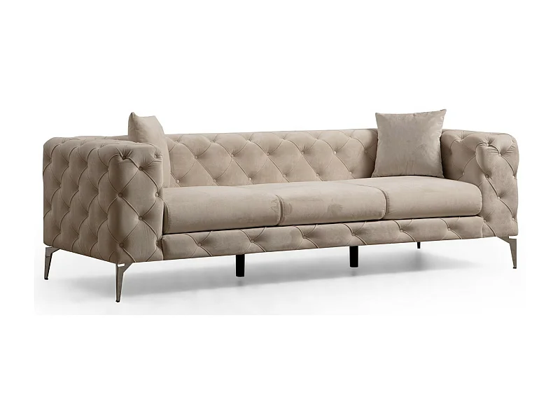 Canapé 2 places capitonné velours beige clair et pieds chromés Herakles 197cm