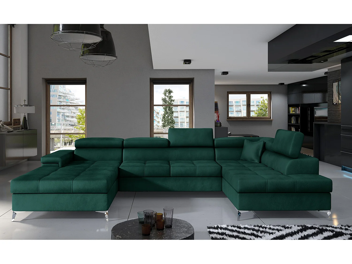 Canapé panoramique velours vert foncé coffre de rangement à droite Kutty 345cm